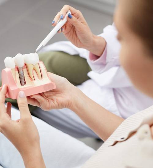 dentist showing a dental implant model to a patient