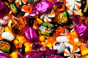 Close up of a variety of Halloween candy